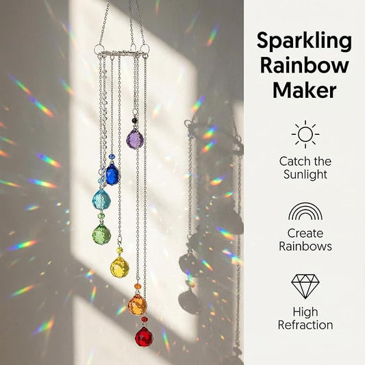 Handmade Crystal Suncatcher Wind Chime - Colorful Rainbow Maker Prisms for Window & Garden Decor, Perfect Indoor Outdoor Hanging Ornament & Gift