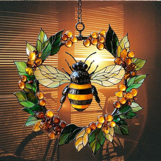 Bee Floral Wreath Acrylic Suncatcher Stained Glass Effect Window Car Hanging Christmas Ornament Indoor Outdoor Decor Garden Sun Catcher Panel for Bee Lover for Women Mom Grandma