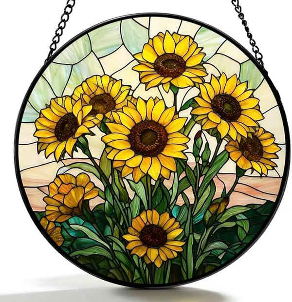 Stained Glass Window Hanging - Sunflowers Pattern 7.8 Inches Suncatcher for Garden Home Decor for Women Mon Grandma Friends