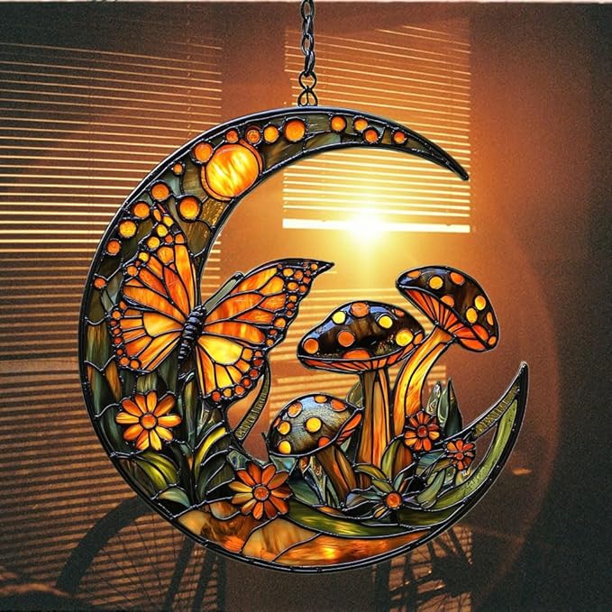 Cresent Forest Butterfly Acrylic Suncatcher Stained Glass Effect Window Car Hanging Christmas Ornament Indoor Outdoor Decor Garden Sun Catcher Panel for Boho Lover for Women Mom Grandma