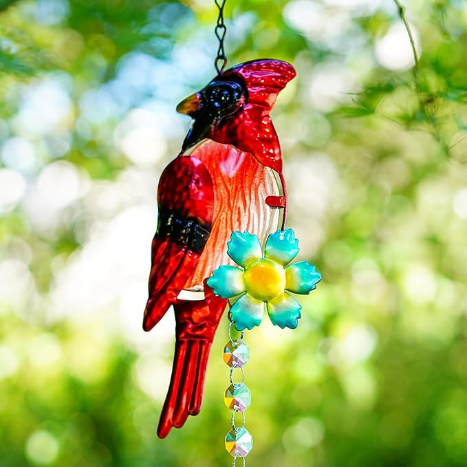 Cardinal and Blue Jay Suncatchers, Stained Glass Birds Hanging Ornament for Christmas Windows, Crystal Bird Sun Catcher Outdoor Decor