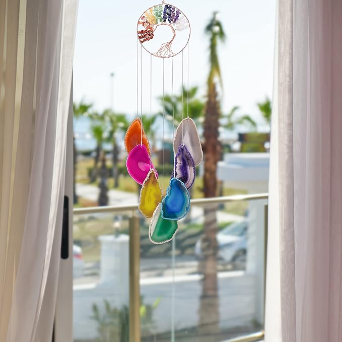 Yoption 7 Chakra Healing Stone Tree of Life Memorial Wind Chime, Natural Crystal Agate Slices Windchimes for Indoor Outdoor Decoration Ornament, 18-19 inch