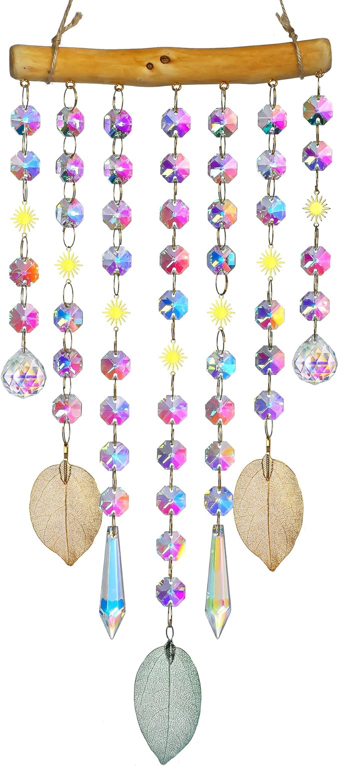 13.1 Inch Crystal Suncatcher with Natural Wood & Leaf Charms - Colorful Hanging Window Ornament for Christmas Tree