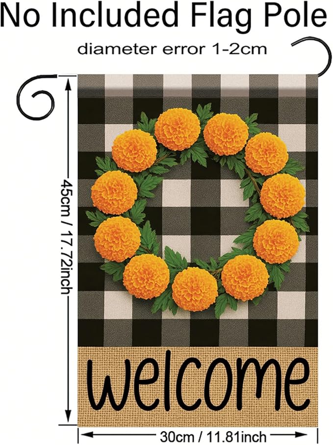 Buffalo Plaid Welcome Wreath Garden Flag Marigold Flower Flag 12x 18 Inch Double Sided Fall Outdoor Yard Decor for Porch Patio Lawn Farmhouse Decoration Fall Autumn Small Decor