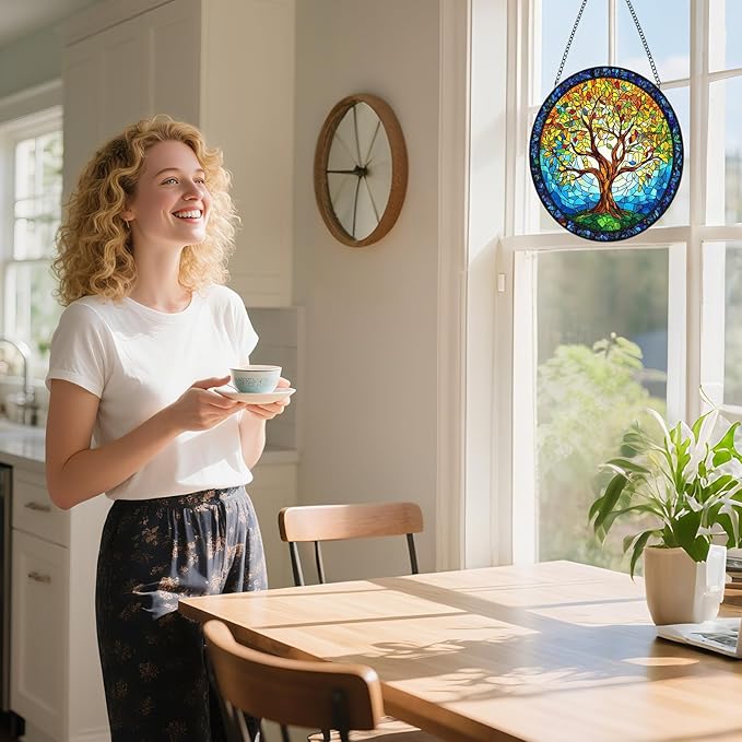 Tree of Life Stained Glass Window Hanging - Sun Catchers for Indoor/Outdoor Décor | Artisan Glass Panels for Home & Garden Wall Art | Unique Suncatcher Housewarming Gift for Home Decoration