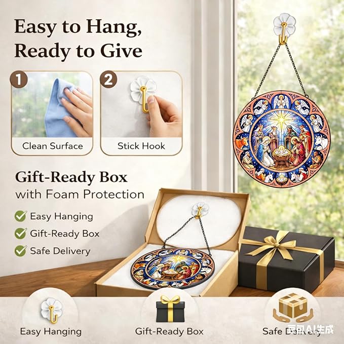 Nativity Suncatcher Window Hanging, 7.8" Stained Glass Faith Gift for Mom, Grandma and Friends, Religious Window Decor for Prayer Room, Sunroom, Office and Bible Study Corner