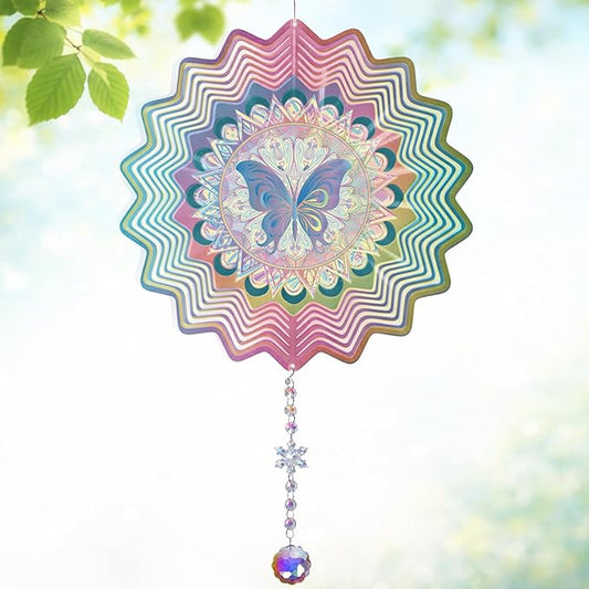 Hanging Wind Spinner 12 Inch, Butterfly 3D Stainless Steel Wind Spinner with Tail, Garden Yard Patio Decor, Indoor Window Wall Art for Meditation, Mindfulness, Breathwork, Calming Gift