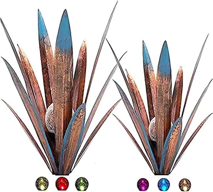 Jesokiibo 2pcs Tequila Sculpture Metal Agave Plant Home Decor Rustic Hand Painted Figurines Yard Decorations Lawn Ornaments(Multi-Color LED Solar Light Green) (Blue)