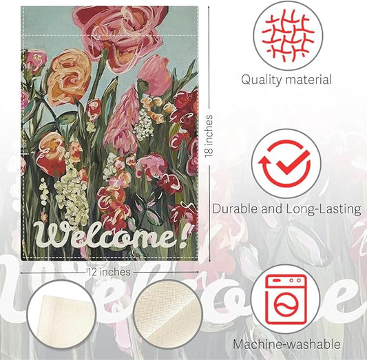 Welocome Spring Flower Garden Flag Oil Painting Pink Floral Spring Garden Flag Decor Double Sided House Flag for Outside Yard Decorations 12×18 Inch