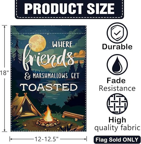 Dyrenson Camping Friends Decorative Garden Flag, Camper Tent Forest Night Lake House Adventure Yard Outside Home Decoration, Campsite Campfire Outdoor Small Decor Double Sided 12 x 18