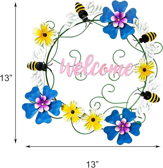 Metal Honey Bee Hanging Welcome Signs Wall Decor Front Door Wreath Garden Fence Patio Porch Yard Spring Indoor Outdoor Decorations 13''H