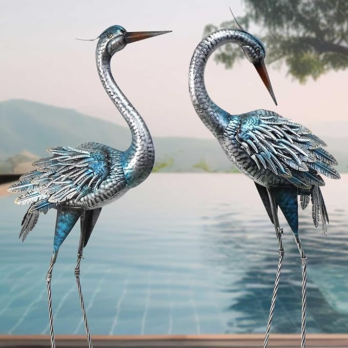 37-40Inch Outdoor Crane Garden Statues, Blue Heron Garden Statues, Large Metal Cranes for Yard, Lawn, Patio, Pond, Set of 2
