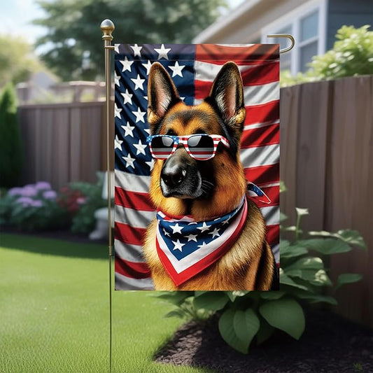 Patriotic 4th of July Garden Flag German Shepherd Dog American Flag Glasses 12x18 Inch Double Sided Seasonal Summer Yard Flag Outdoor Decoration for Porch Lawn Patio Independence Day
