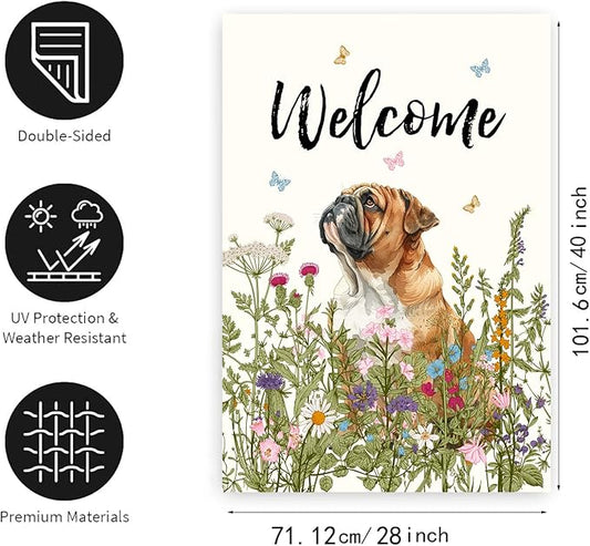Floral English Bulldog Garden Flag Spring Summer House Flags 28 x 40 Double Sided Flower Dog Yard Flags for Outside Large Outdoor Welcome Flags
