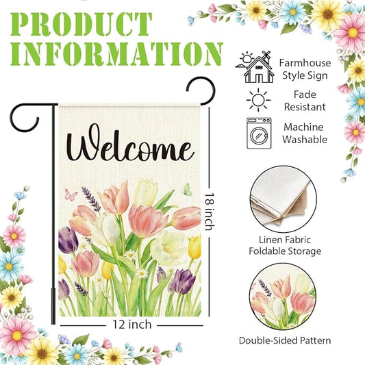 Spring Tulip Welcome Garden Flags for Outside,Welcome Spring Yard Flag for Lawn Porch Outdoor Spring Theme Decorations 12x18 Inch Double Sided