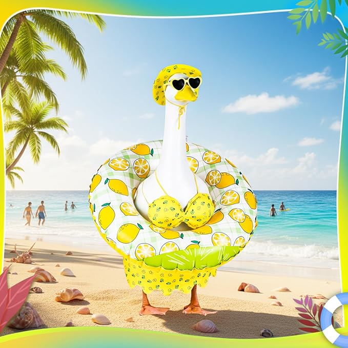 Bikini Porch Goose Outfits, 23" Goose Statue Bikini Lemon Costume Summer Porch Goose Outfits, Durable Hawaiian Goose Clothes with Sunglasses and Swim Ring, Outdoor Yard Patio Garden Decor