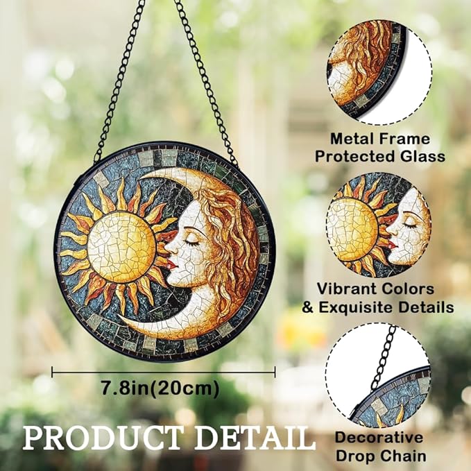 Sun and Moon Suncatchers Stained Glass Window Hanging, Celestial Suncatchers Indoor Window Glass Round Wall Decor, Sun Moon Decor Wall Hanging Decorations, 7.9x7.9in