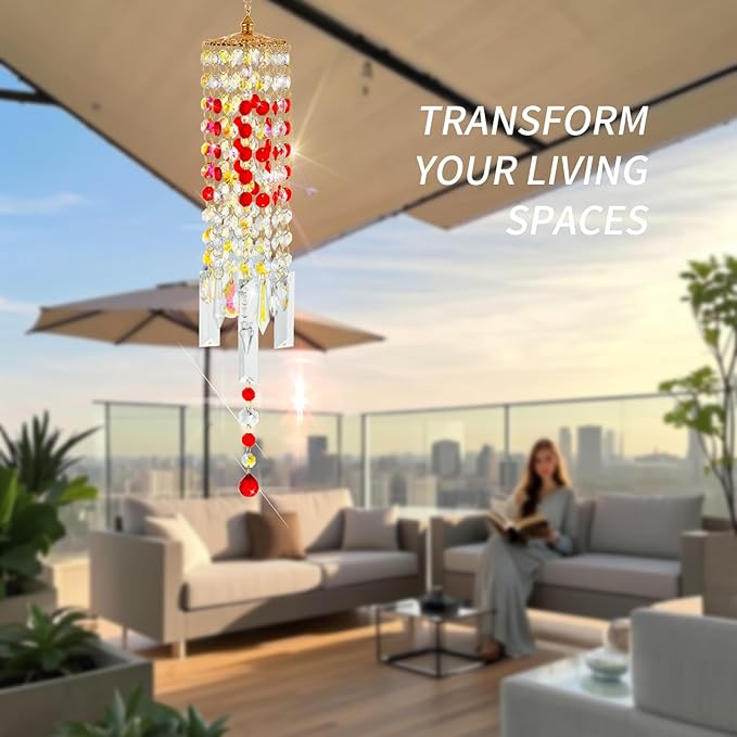 Crystal Wind Chimes for Outside with Rainbow Light Reflections Glass Bells and Rose Gold Alloy Hooks Indoor Outdoor Decor for Home Garden Patio Porch Birthday House Warming (Red-Love)