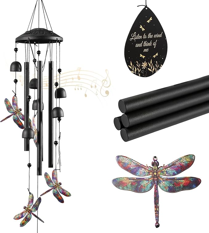 Dragonfly Wind Chime for Outside, Alloy Material Windchimes Outdoors, Fun Black Wind Chimes, for Outdoor, Garden, Yard, Patio Decoration, Gifts for Mom Neighbor Friend Unisex, Valentine's Day Gifts