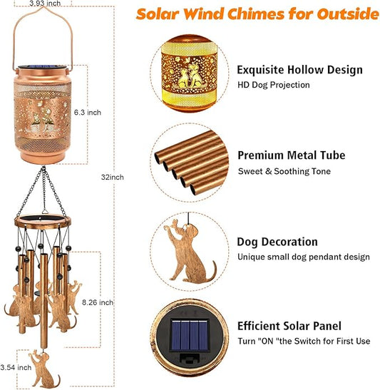 Dog Solar Wind Chimes for Outside, Gifts for Mothers Day Mom Women Grandma Birthday Memorial Teacher, 32" Windchimes Outdoor Decor Hanging Solar Lantern for Garden Porch Patio Backyard