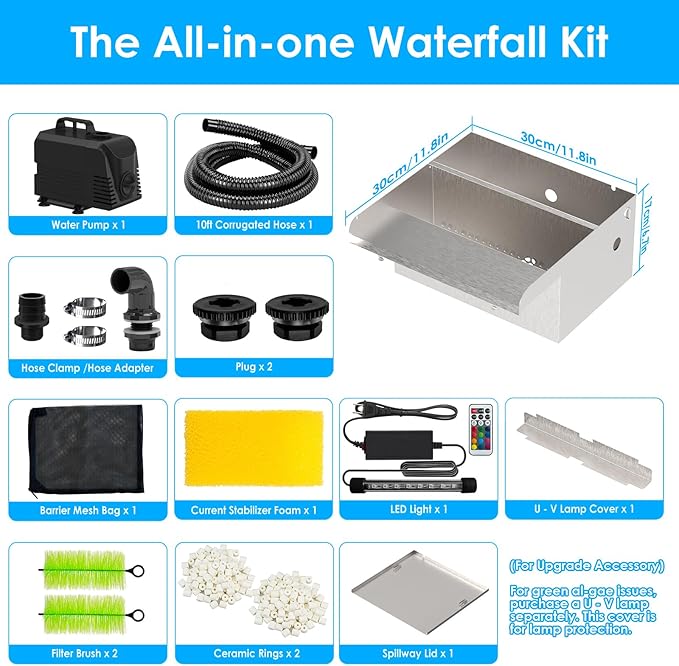 All-in-1 Pond Waterfall Kit with 800GPH Water Pump, 12-inch Stainless Steel Spillway with LED Light, 3-Stage Filtration Outdoor Waterfall for Garden, Backyard, Pool, Water Feature