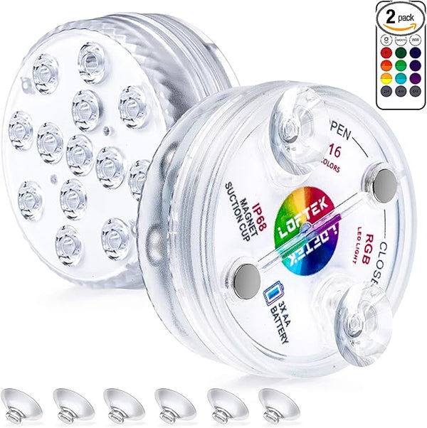 LOFTEK Submersible LED Lights with Remote, 13 LED Pool Lights for Inground Above Ground Pool with Magnets &Suction Cups,16 Color Changing Underwater Light for Ponds Battery Operated, 2 Pack