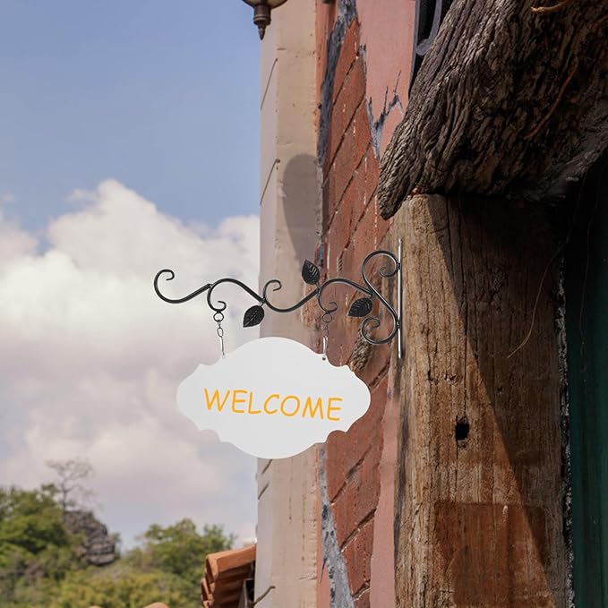 Hanging Sign Bracket with Blank Board, Wrought Iron Wall Hanger DIY Double-sided Signs Outdoor Wreath Hanger Flower Pot Brackets for Outdoor Business, Classroom Door, Home Farmhouse Decor