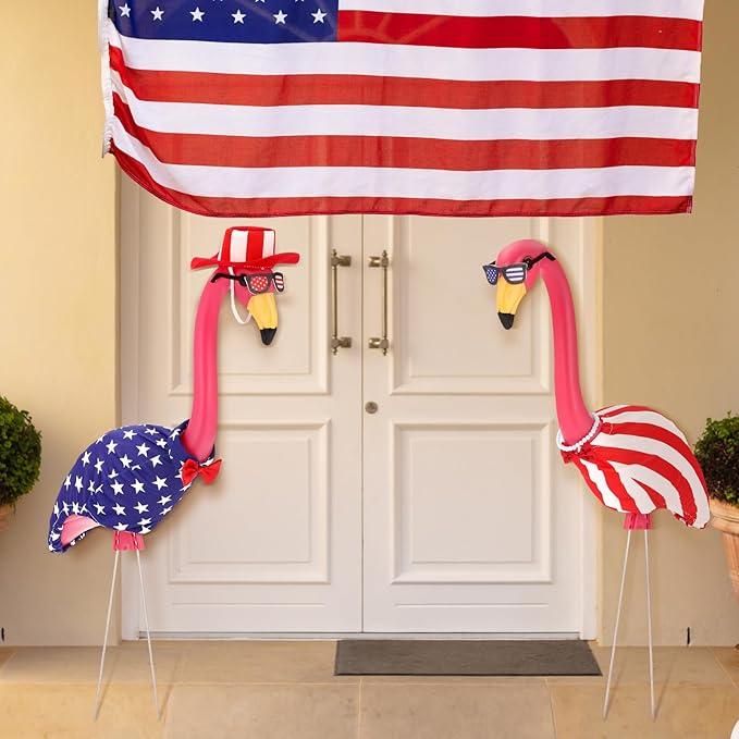 Geelin 2 Set 4th of July Yard Flamingo Outfits 31" Patriotic 250th Anniversary Memorial Day American Flag Outdoor Signs Red White Blue Yard Flamingos Decor, Statue Not Included