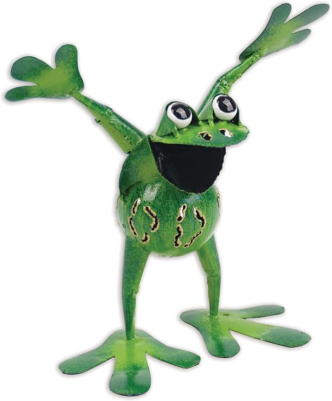 Sunset Vista Designs Outdoor Yard Decor - Green Metal Frog Garden Sculpture, 8" Tall, Standing Nixon
