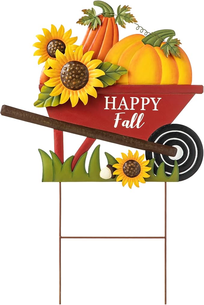 Glitzhome 30" H Fall Metal Wheel Barrow Pumpkin Yard Stake/Hanging Wall Decor,Pumpkin Wagon Cart with Happy Fall Signs,Fall Harvest Porch Decorations for Thanksgiving Autumn Halloween Party Supplies