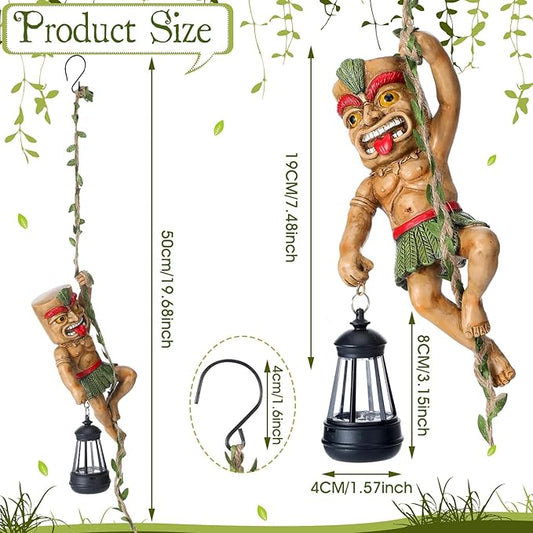 Kathfly Solar Light Outdoor Tiki Statues Resin Tiki Man Climbing on Vine with LED Lantern Waterproof Lamp Hanging Figurine with Hook for Hawaiian Gift Bar Decor Porch Patio Summer Yard Lawn Figurine