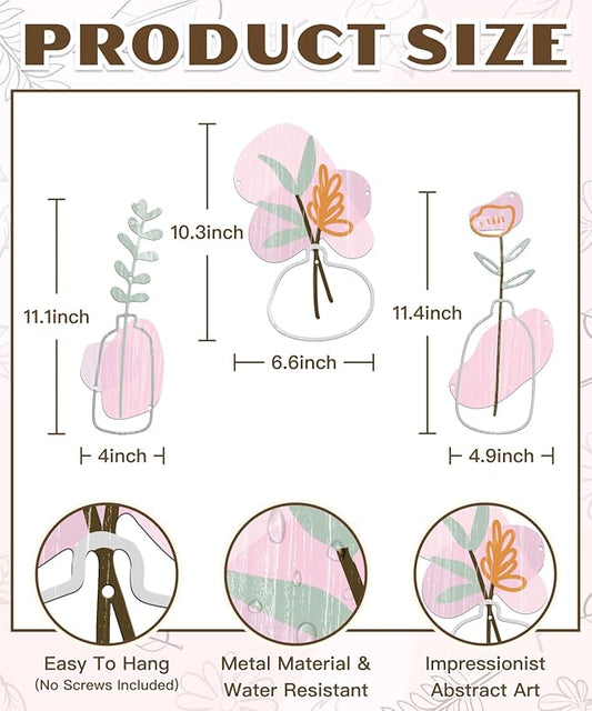 Putuo Decor 3Pcs Metal Flower Wall Art, Minimalist Flower Vase Bathroom Wall Decor, Rustic Farmhouse Decor for Living Room, Bathroom, Bedroom, Elegant Housewarming Gift(Pink)