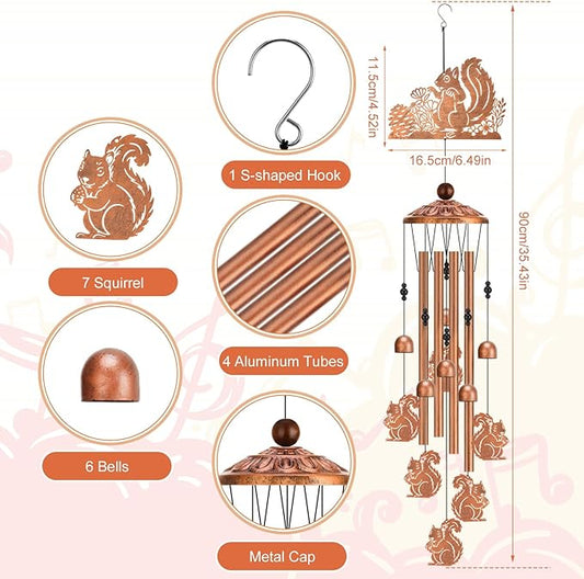 Squirrel Wind Chimes for Outside Metal Windchimes Squirrel Gifts for Women Men Garden Decor for Patio Yard Memorial Bronze