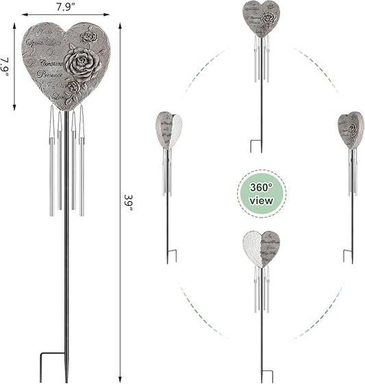 bocola Resin Heart Wind Chime with Rose & Angel Wings Engravings - Memorial Plaques for Garden Cemetery Grave Decoration-Sympathy Gifts for Loss of Loved One