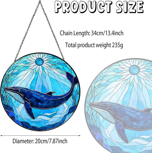 Whale Stained Glass Sun Catcher Window Hanging Whale Lovers Gifts for Women Handmade SunCatcher Decoration for Home Decor Gifts for Ocean Lover Sea Life Decor Beach 7.87inch