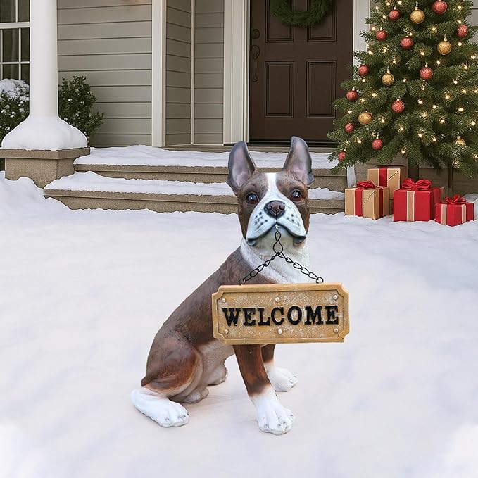 Outdoor French Bulldog Dog Statue with Interchangeable Welcome Sign and Detachable Solar Lantern –LED Light Garden Dog Sculpture Décor, Cute Puppy Design for Yard, Porch, Gift