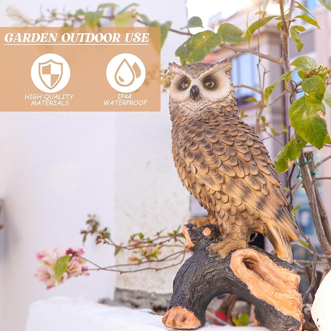 Owl Garden Statue - Perching Forest Owl on Stump Resin Figurine for Home Indoor Outdoor Garden Patio Yard Decor