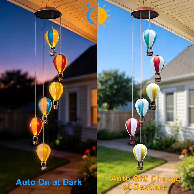 Topstor Hot Air Balloon Solar Wind Chimes for Outside - Outdoor Hanging Decor Garden Gifts for Women Mom Grandma (Stripe)