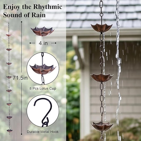 Topadorn 6ft Umbrella Shaped Rain Chain for Gutters Downspouts Outside, 8 Cups Rain Catcher Chain for Gutters, Adjustable Length Downspout Replacement, Outdoor Garden Rain Drainage Decor