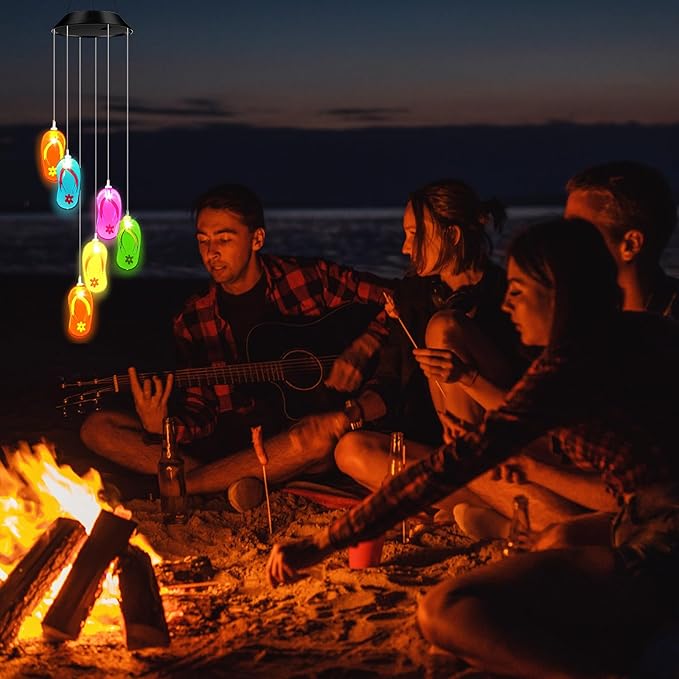 Wonderjune Tropical Beach Themed Slipper Solar Wind Chimes Flip Flop Outdoor Summer Beach Decorations Lights Mobile Wind Chime LED Lights for Garden Patio Yard Porch Hawaii Party Gifts