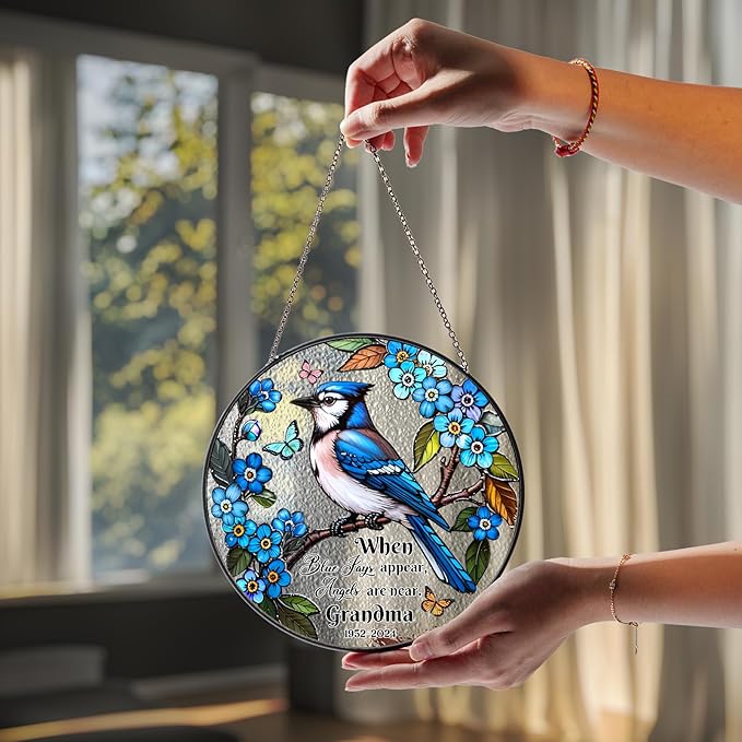 Personalized Blue Jay Bird Stained Glass Suncatcher, In Loving Memorial Name Bird Memorial Suncatcher Window Hanging Mothers Day Blue Jay Appear Angels are Near, Sympathy Gifts for Mom, Grandma, Women