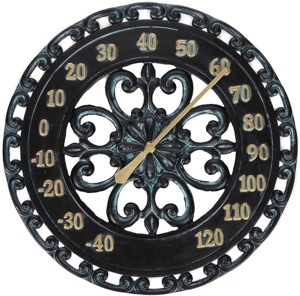 Lily's Home Hanging Verdigris Wall Dial Thermometer, Ideal for Indoor and Outdoor Use, Black (13 Inches)