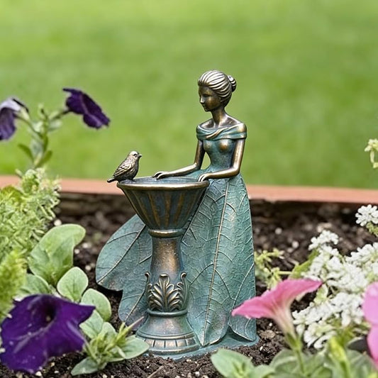 DiliComing Fairy Outdoor-Statues Garden-Decor with Solar - 12 Inch Resin Leaf Girls Birdbath Sculpture Waterproof Outdoor Decor for Patio/Yard, Unique Bird Feeder Figurines Home Decor Gifts for Women