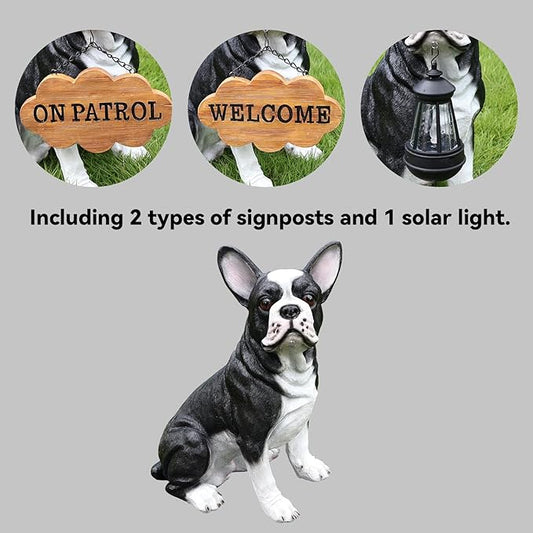 Outdoor Boston Terrier Dog Statue with Interchangeable Welcome Sign and Detachable Solar Lantern –LED Light Garden Dog Sculpture Décor Garden Statue Outdoor Dog Statue for Yard Gift