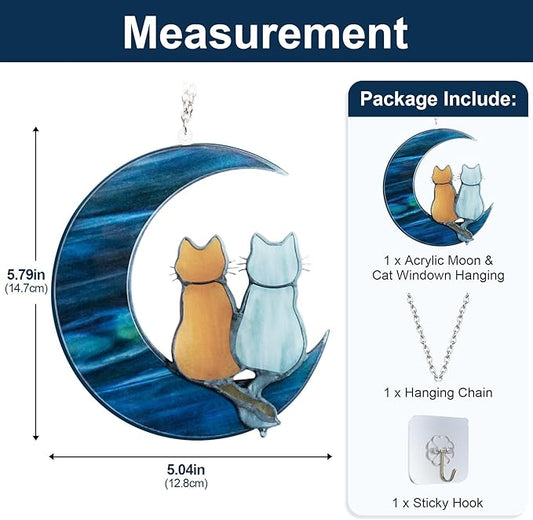 Blue Moon Cat Window Decoration Hanging, Alloy Stained Painting, Acrylic Moon Wall Decor for Courtyard, Gift for Pet Animal Enthusiasts