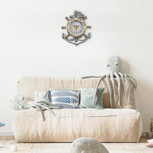 Anchor Outdoor Clock, Nautical Ship Wheel Rudder Wall Clock, Beach Sea Style Decorative Clock for Patio, Pool, Porch (Vintage Silver + Bronze)