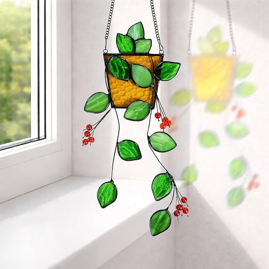 Plant Stained Glass,Stained Glass Window Hanging,Real Handmade Suncatcher,Artificial Green Plants Decor for Women Mom Grandma Plant Lovers,Sun Catcher for Home Windows