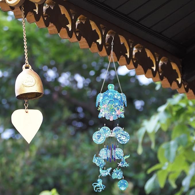 GlikCeil Beach Wind Chimes Diamond Art Wind Chimes Suncatchers Beach Diamond Art Kits with Crystal Pendant Hanging Ornament for Home Garden Patio Backyard Decor(Blue)