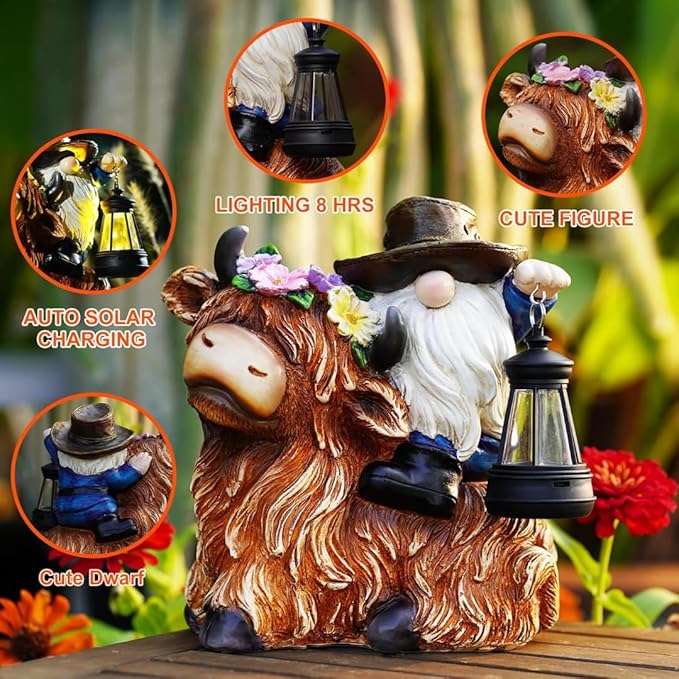 Solar Highland Cow Gnome Garden Decorative Statue - Detachable Lantern - Outdoor Fun Decoration Light Outdoor Decorations for Patio,Yard and Gift for Mom