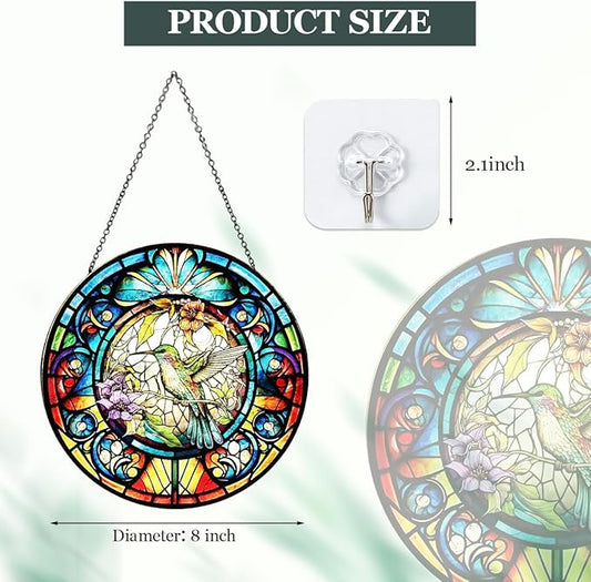 Hummingbird Stained Glass Suncatcher - Colorful Bird Sun Catcher Indoor Wall Decor Glass Panel Floral Window Hanging Ornament Gift for Mom, Grandma, Bird Lovers (8 inch)